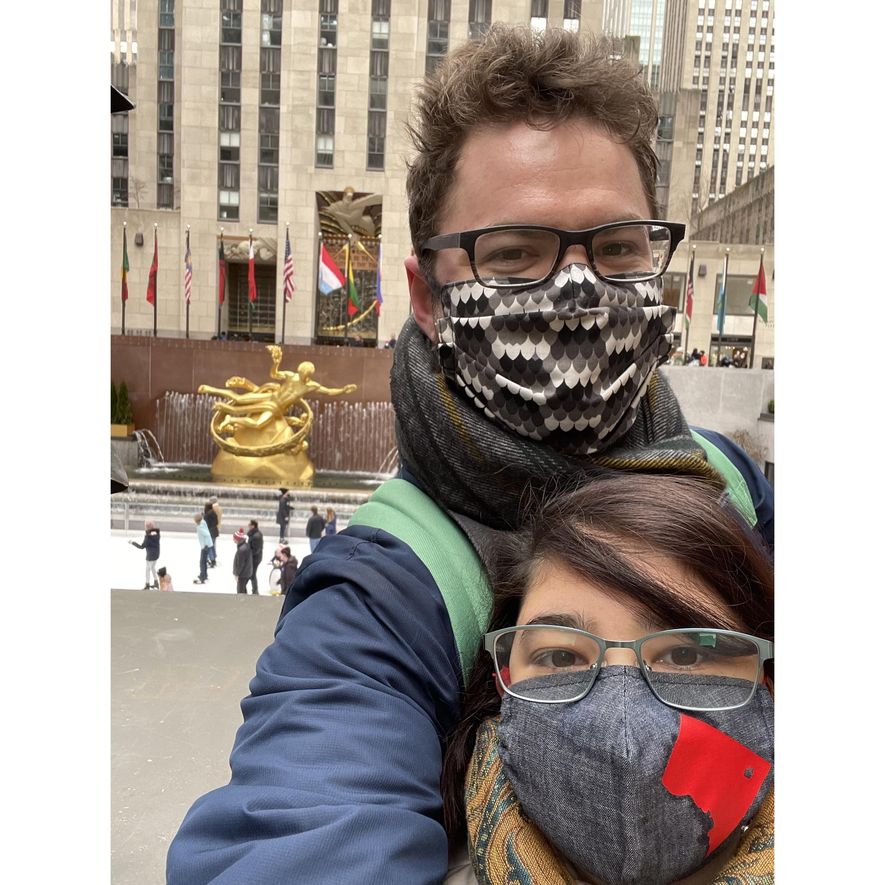 This is from our trip to New York. Ryan got us tickets to see Phantom of the opera on broadway for Christmas. We took this photo at the Rockefeller Center where the ice skating rink was still up.