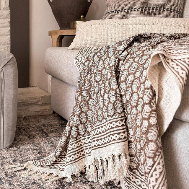 Brown floral throw blanket couch, Hand block print throw for sofa decor, Handmade boho blanket for bedroom, Home decor. Gift for her