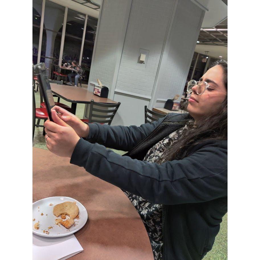 Adelle looking like a grandma with her new iPad