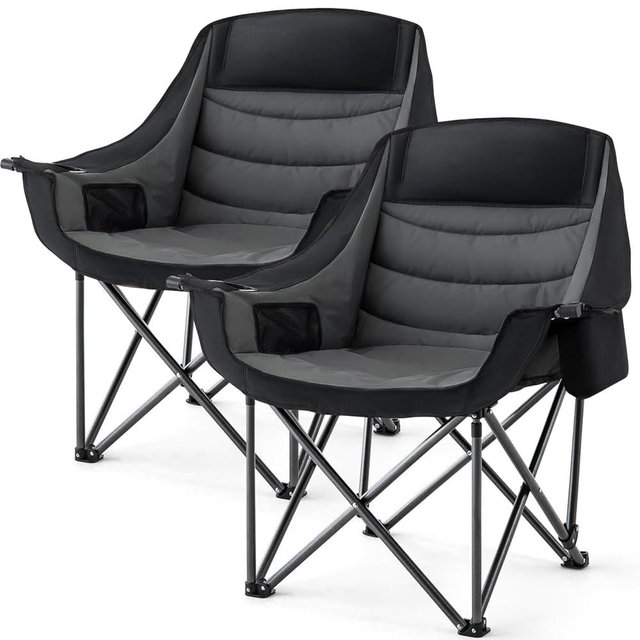 Padded Camping Chair for Adults 2 Pack Heavy Duty 500lbs Support Portable Folding Camping Chair with Cup Holder Cooler Pockets for Outdoor Beach Fishing Garden (Black & Dark Gray)