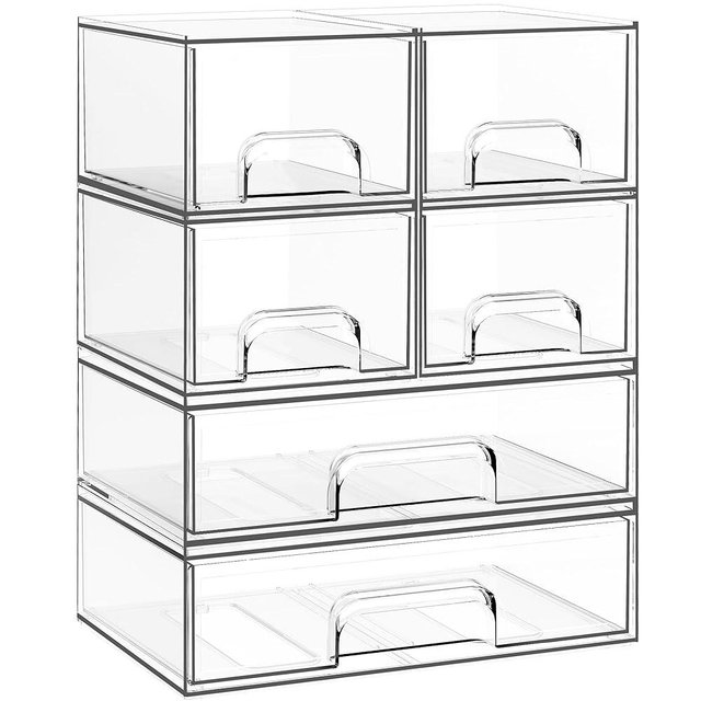 Criusia Stackable Storage Drawers, 6 Pack Clear Plastic Makeup & Bathroom Organizer, Versatile Storage Bins for Vanity, Under Sink, Kitchen Cabinets & Pantry