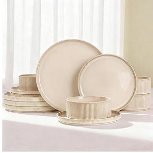 Stoneware Dinnerware Sets, Plates and Bowls Sets for 4, 12-Piece Ribbed Dishes – Chip & Scratch Resistant, Microwave and Dishwasher Safe Tableware, Beige