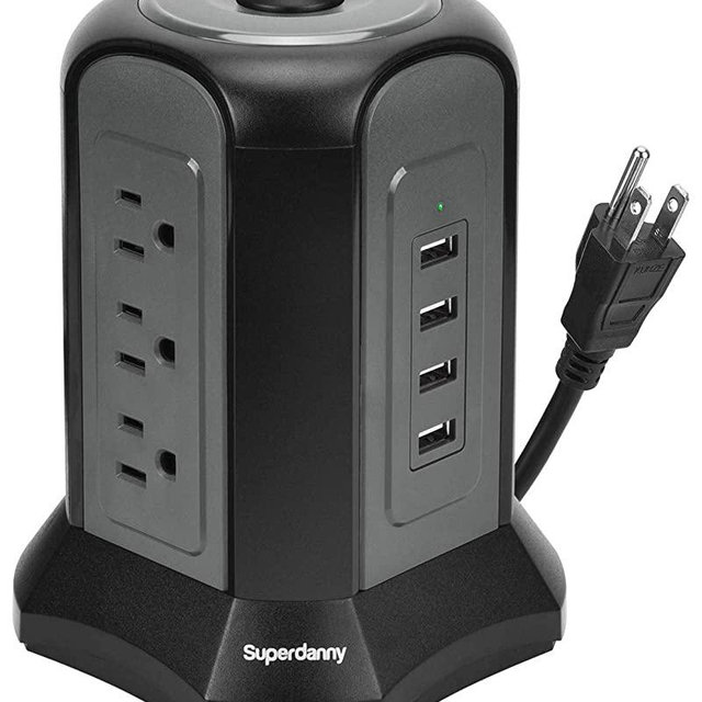USB Power Strip Tower Surge Protector 10ft Extension Cord Desktop Charging Station 9 Outlet 4 USB 1080J Adjustable Voltage 110-240V Fire Proof Multiple Plug for PC Tablet Computer Office SUPERDANNY