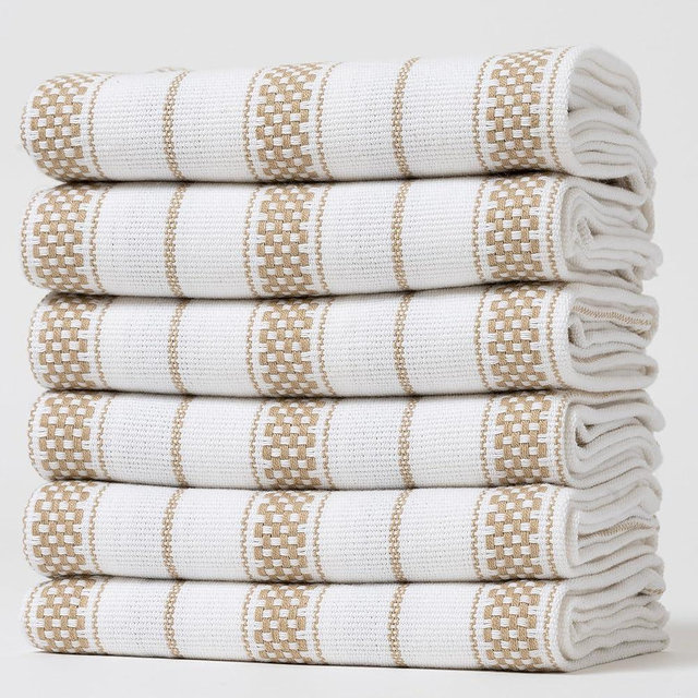 Casa De Lan Kitchen Towels Set – Pack of 6 (20’’ x 30’’) Extra Large Premium Cotton Dish Towels for Kitchen – Chain Stripe Towels – Highly Absorbent – 100% Cotton – with Hanging Loop – Beige
