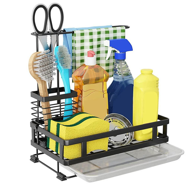 Godboat Sponge Holder for Kitchen Sink, Dish Sponge Holder with No Drilling Design, Sink Caddy for a Space-Saving Size, 304 Stainless Steel Sponge Holder with Removable Plastic Drip Pan(Black)