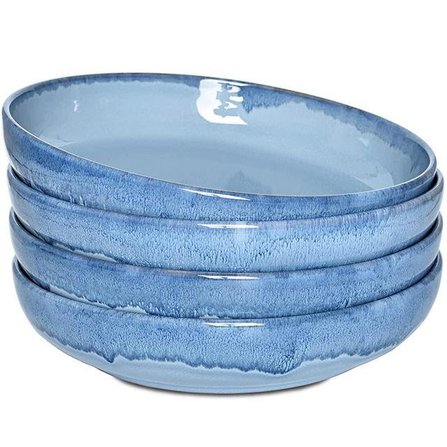 Bosmarlin Stoneware Large Pasta Bowls, Set of 4, Big Salad Bowls, Microwave and Dishwasher Safe (Light Blue, 9.3 in)