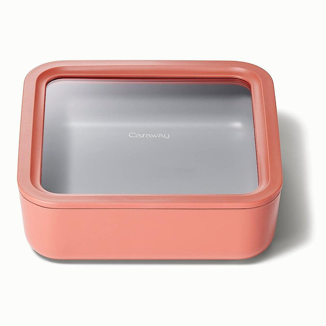 Caraway Glass Food Storage, 10 Cup Glass Container - Ceramic Coated Food Container - Easy to Store, Non Toxic, Non Stick Lunch Box Container with Glass Lids. Dishwasher, Oven, & Microwave Safe - Square Shape - Perracotta