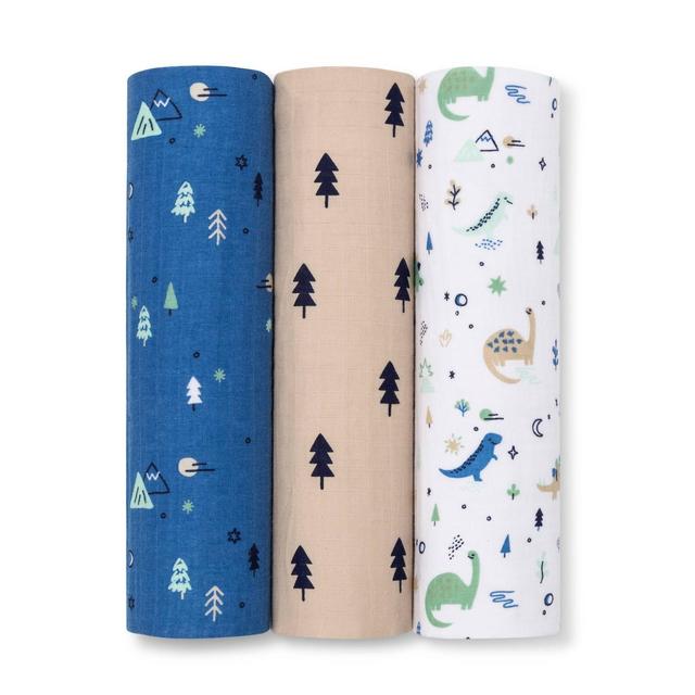 Muslin Swaddle Blanket Dinos Cool 3pk - Cloud Island™ Green/Blue