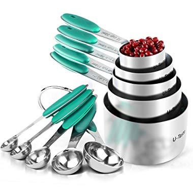 Measuring Cups : U-Taste 18/8 Stainless Steel Measuring Cups and Spoons Set of 10 Piece, Upgraded Thickness Handle(Teal/Turquoise)