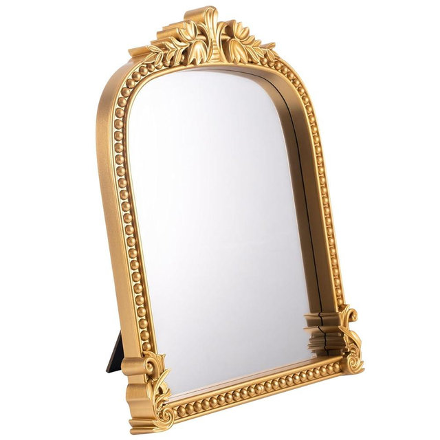 Threehoney Vintage Vanity Makeup Desk Mirror, Small Gold Arch Antique Decorative Mirror with Stand, Ornate Traditional Chic Baroque for Living Room Bedroom Dresser Tabletop Desktop Decor