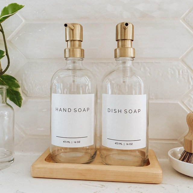 Hand & Dish Soap Dispensers |Glass Bottle with Pump|Farmhouse Kitchen Decor|Soap Dispenser Bottle |Refillable | Waterproof Label | Gift