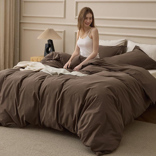 Bedsure 100% Washed Cotton Duvet Cover Queen Size - Brown Minimalist Bedding Set Linen Like - PureWoven Plain Simple & Soft Comforter Cover for All Seasons (Brown, Queen, 90"x90")
