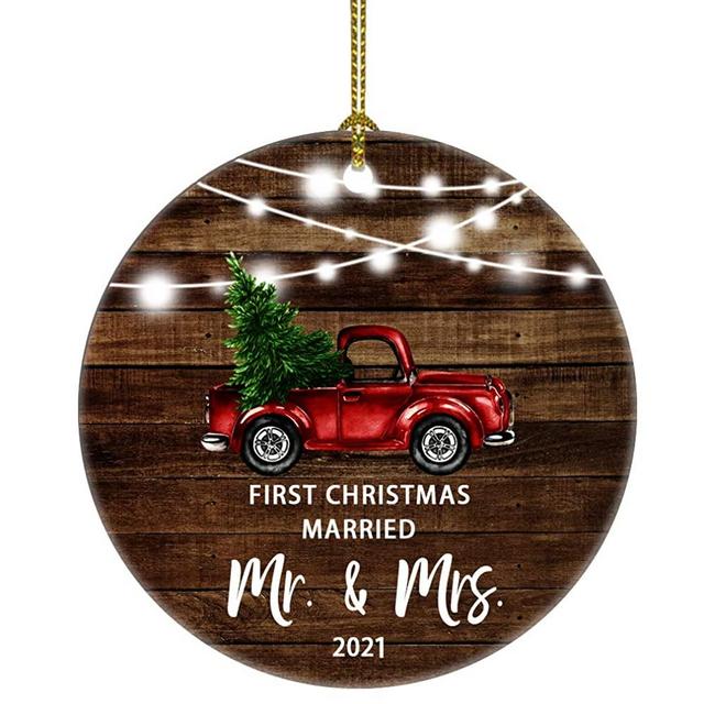 Our First Christmas as Mr & Mrs Just Married Re Truck Christmas Tree Ornament Our First Christmas as mr. and mrs. Gift for Newlywed Couple 2021 (Brown Married mr mrs)