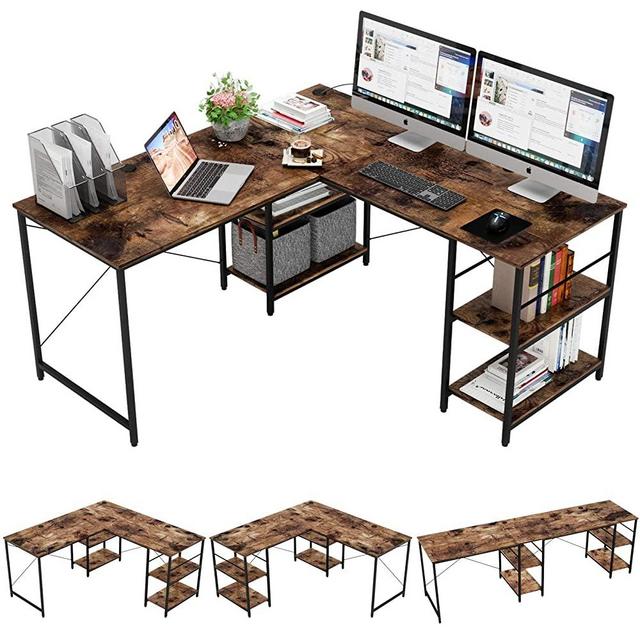 Bestier L-Shaped Desk with Storage Shelves, Adjustable 95.2" 2 Person Desk Modern Industrial Corner Computer Desk, Large L Desk for Home Office Student Writing Gaming Workstation, Rustic Brown
