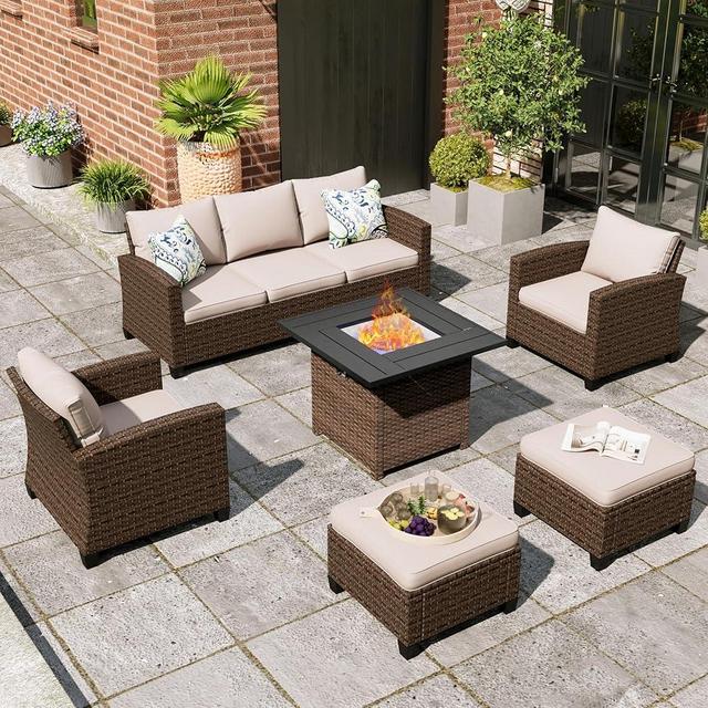 MIXPATIO Patio Furniture Set, 6 Pcs Wicker Outdoor Conversation Set, 2 x Leg Chairs, 1 x 3 Seater Sofa and 2 x Ottoman with 4" Thick Cushion and 32" Fire Pit Table, Beige