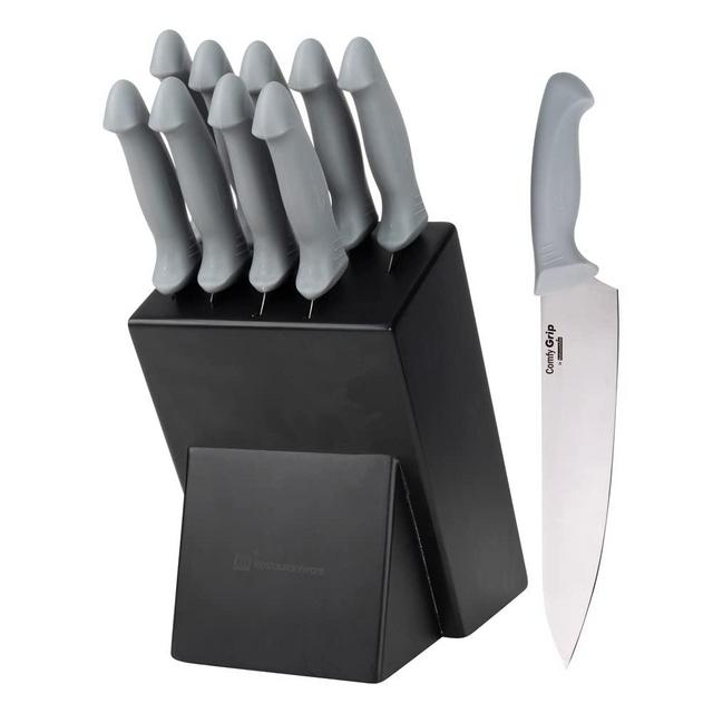 Comfy Grip Knife Set With Holder; 1 Sharp 9-Piece Knife Set - Ergonomic Handle; Non-Slip Grip; Gray Stainless Steel Kitchen Knife Set; Dishwashable; Includes Knife Holder - Restaurantware