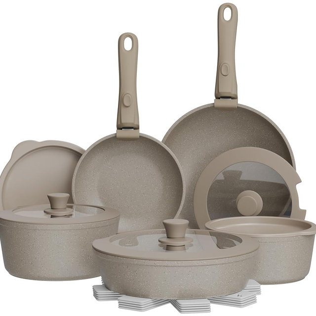 Bakken 17-Piece Ceramic Coated Aluminum Cookware Set, Nonstick Pots and Pans with Lids, Silicone Cooking Utensils & Oven Mitts, All Stovetop Safe Up To 500°F, PTFE & PFAS Free, Dishwasher Safe