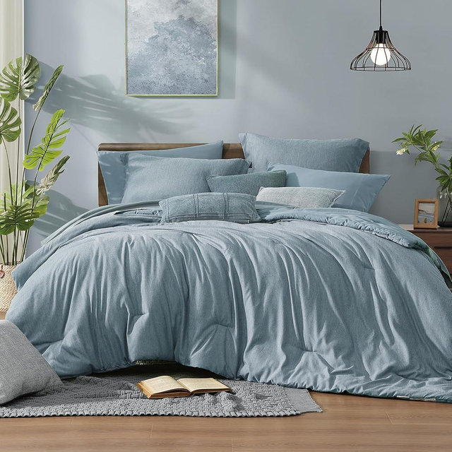 Monbix Queen Comforter Set - 7 Pieces Dusty Blue Cationic Dyeing Bed in a Bag Queen Bedding Sets with Sheets, Pillowcases & Shams, Reversible Bedding Comforters