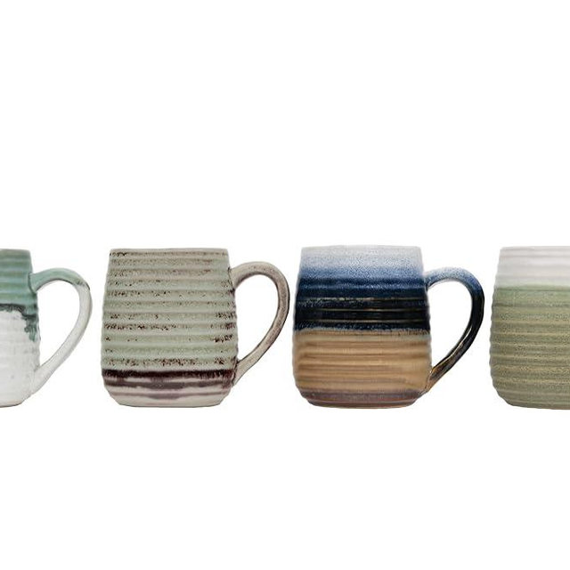 Creative Co-Op Large Multicolor Stoneware Mugs with Ribbed Sides (Set of 4 Colors)