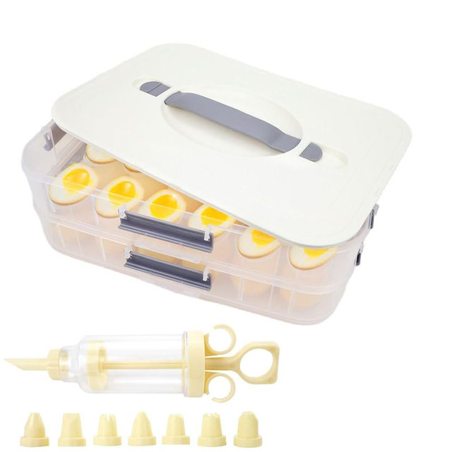 2-Layer Deviled Egg Containers With Lid,36PCS Deviled Egg Tray Carrier with Handl Injector Piping Tool,Portable Stackable Egg Holder Platter Holder Organizer for Refrigerator Party Picnic Travel Event