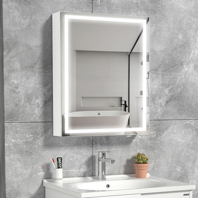 HAUSCHEN HOME 28x20 Inch LED Medicine Cabinet Lighted Bathroom Mirror, Defogger, Stepless Dimmable, 3000K/5500K Color Temperature Wall Mounted Makeup Mirror, Adjustable Shelf(Assembly Required)