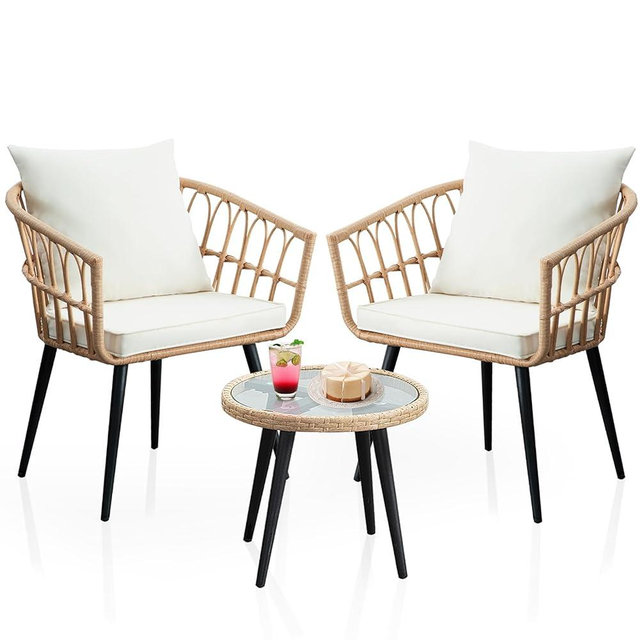 WenHaus 3 Piece Patio Bistro Sets, Outdoor Wicker Furniture Set, All-Weather Rattan Chairs Conversation Set with Cushions Round Table for Garden,Balcony,Backyard,Porch,Deck-Beige