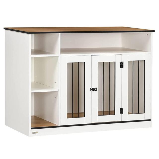 PawHut Furniture Style Dog Crate End Table with Extra Storage Space, Puppy Dog Furniture with Large Tabletop and Lockable Door, Pet Cage for Medium Dogs, 47" x 23.5" x 35", White