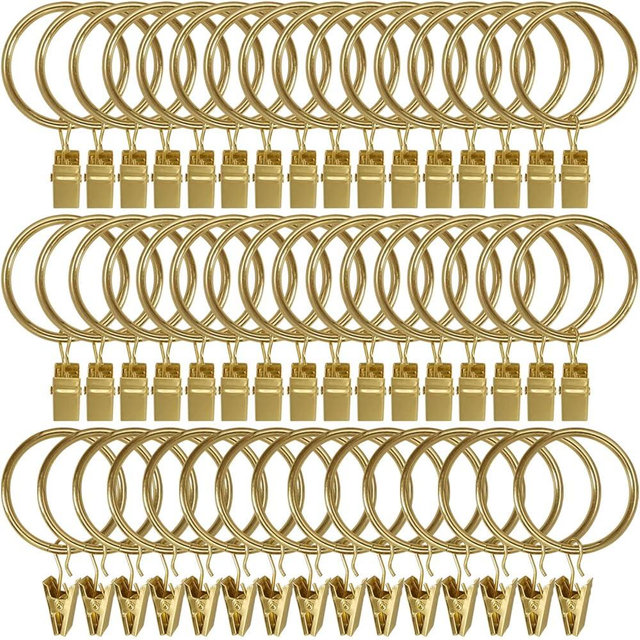 LLPJS 60 Pack Metal Curtain Rings with Clips, Curtain Clip Rings Hooks for Hanging Drapery Drapes Bows, Curtain Rod Rings 1.5 inch Interior Diameter, Gold