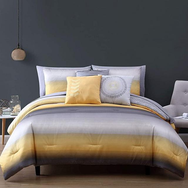 Avondale Manor Cypress Queen Bed Set, 10 Piece Reversible Comforter Set, Hypoallergenic Bedding, Down Alternative, 1 Queen Sheet Set, 2 Pillow Cases, 3 Decorative Pillows, 2 Pillow Shams, Yellow Grey