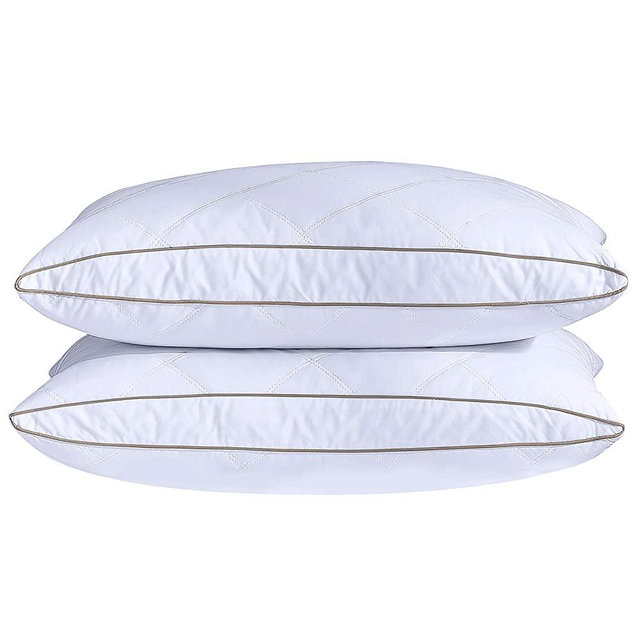 puredown Natural Goose Down Feather Pillows for Sleeping Oval Gusseted Down Pillow 100% Cotton Pillow Cover with Leaf Quilting Standard/Queen Set of 2