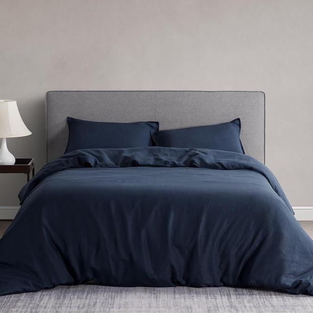 DAPU 100% Linen Duvet Cover Set - Pure Natural French Flax Linen with 8 Corner Ties and Zipper Closure Soft Breathable Durable for Hot Sleepers 1 Duvet Cover 2 Pillowcases (Navy Blue, Full/Queen)