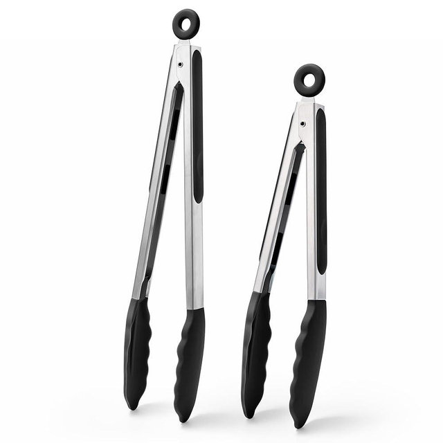 Doosu Kitchen Tongs for Cooking - 600°F Heat Resistant Food Tong Set with Non-Scratch Silicone Tips, Heavy Duty Stainless Steel Locking Tong for BBQ, Grilling Steak, Serving Salad (9+12in, Black)