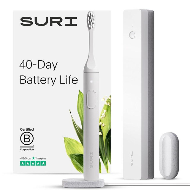 SURI Sustainable Sonic Toothbrush - Electric Toothbrush for Adults - Slim and Powerful Travel Toothbrush with UV Cleaning Case - Recyclable Plant-Based Head, 2 Modes, Mirror-Mount, and Charging Stand