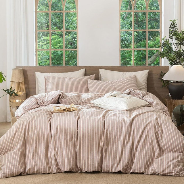 MooMee Striped Duvet Cover Set 100% Washed Cotton Linen Like Textured Breathable Durable Soft Comfy (Orange White Wide Stripes, King 104"x90")