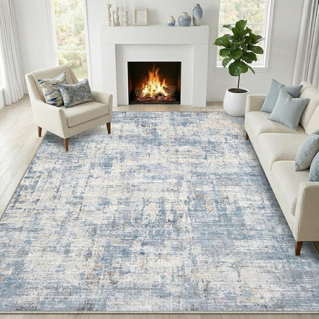 Syrlfar Area Rugs 9x12 Living Room Rug Washable No Slip Low Pile Soft Thickness Large Carpets Indoor Floor Covering for Bedroom Dining Modern Abstract Home Office Decor Blue