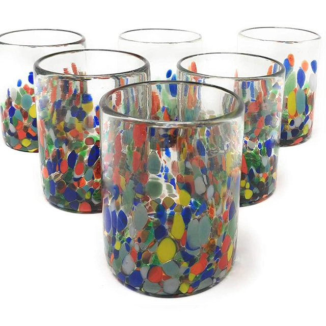 Hand Blown Mexican Drinking Glasses – Set of 6 Confetti Carmen Tumbler Glasses (10 oz each)