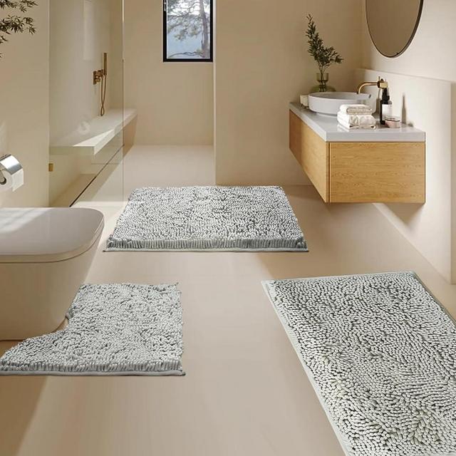 BOANKODU Bathroom Rugs Sets 3 Piece, Super Soft Absorbent Bath mat Set,with U-Shaped Toilet Rug,Strong PVC Underside Bathroom Rug,Antiskid Bath mats Washable Bathroom mat,Light Gray