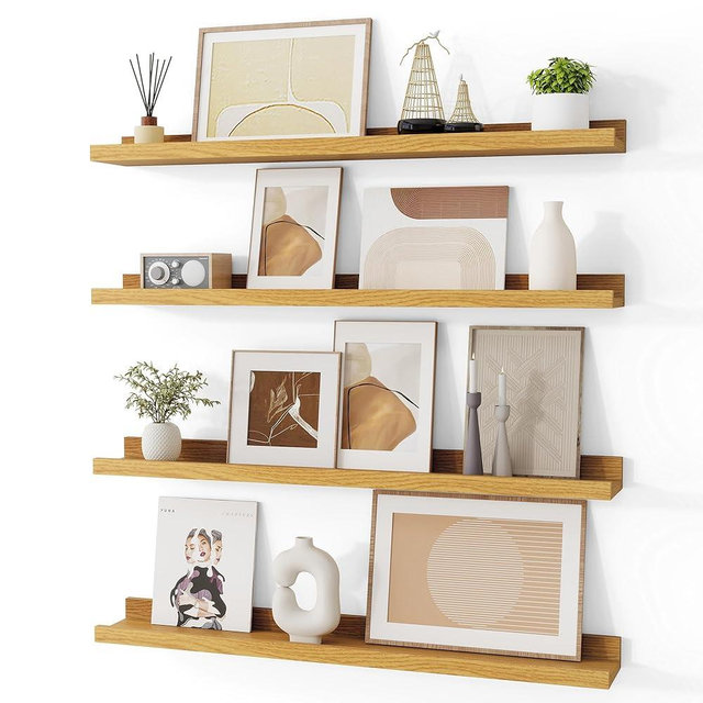 Picture Ledge Shelves | 36 Inch Floating Shelves Set of 4 | Rustic Oak Picture Shelf for Wall with Ledge | Floating Shelves with Lip Photo Ledge Shelves Nursery Book Shelves Display Shelves
