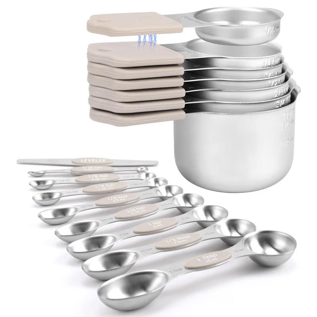 Magnetic Measuring Cups and Spoons Set-Heavy Duty 304 Stainless Steel，Double Measurement Markings，Set of 16 with Leveler for Measure Dry and Liquid Ingredients (khaki)