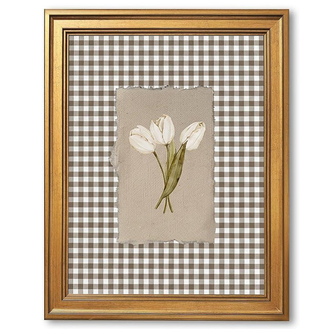 Gold Framed White Tulips Vintage Floral Wall Art Painting Brown Gingham Botanical Print Rustic Farmhouse Flower Picture Poster Neutral Cottagecore Canvas Artwork Aesthetic Country Home Decor 12x16inch