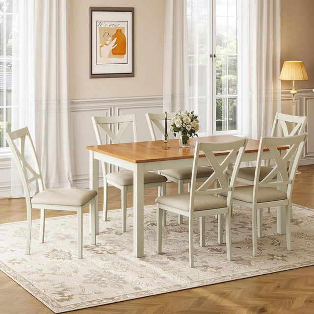 YUMPIE 7-Piece Farmhouse Dining Table Set for 6 People, 60" Wood Dining Kitchen Table & Chairs Set, Kitchen Table with 6 Upholstered Chairs, Perfect for Restaurant, Brown & White