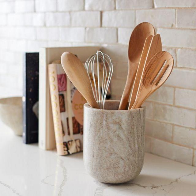 Handcrafted Beige Marble Utensil Crock