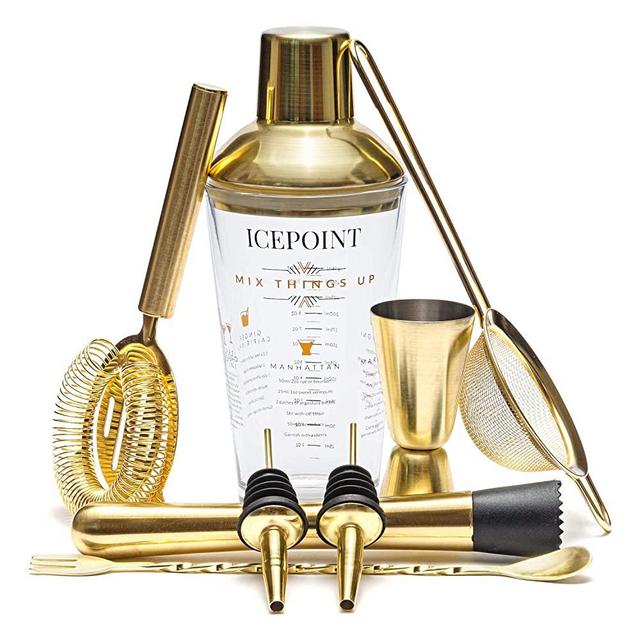 IcePoint 9 Piece Brushed Gold Bartending Kit - Complete Set with Shaker, Bar Measuring Tools and Accessories - 304 Stainless Steel - Tasteful Set for Drinking Alcohol