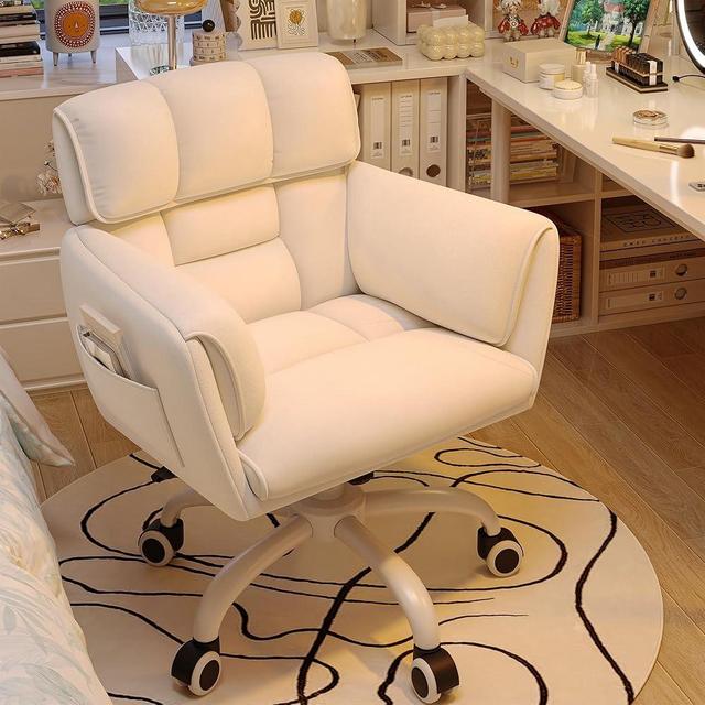 DurayLoly Home Office Chair with Wheels Skin-Friendly Material,Modern Cute Vanity Chair with Back Adjustable Height Upholstered Comfy Desk Chairs with Side Pockets for Bedroom,White
