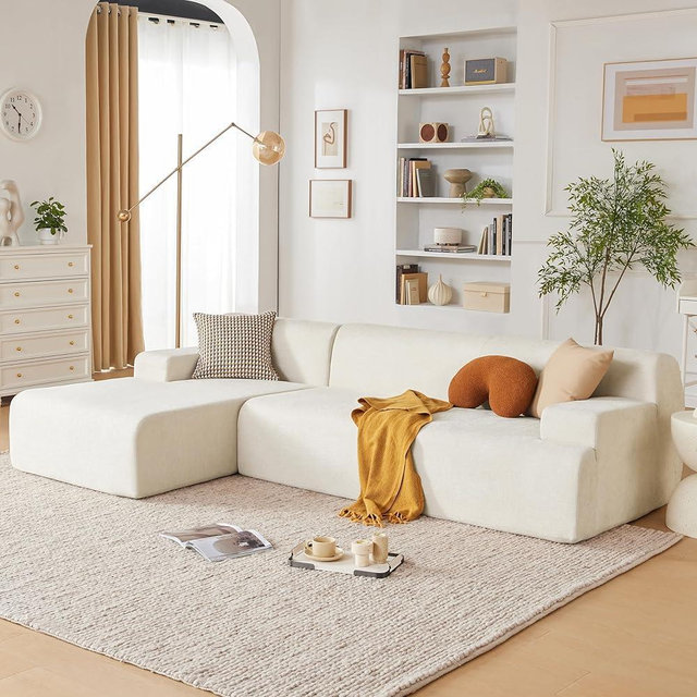 Huatean Home 107" Modular Sectional Sofa, Sponge Sofa for Living Room, High Density Sponges Cloud Couch,Modular L-Shape Sofa Couch with Chaise, (Beige)