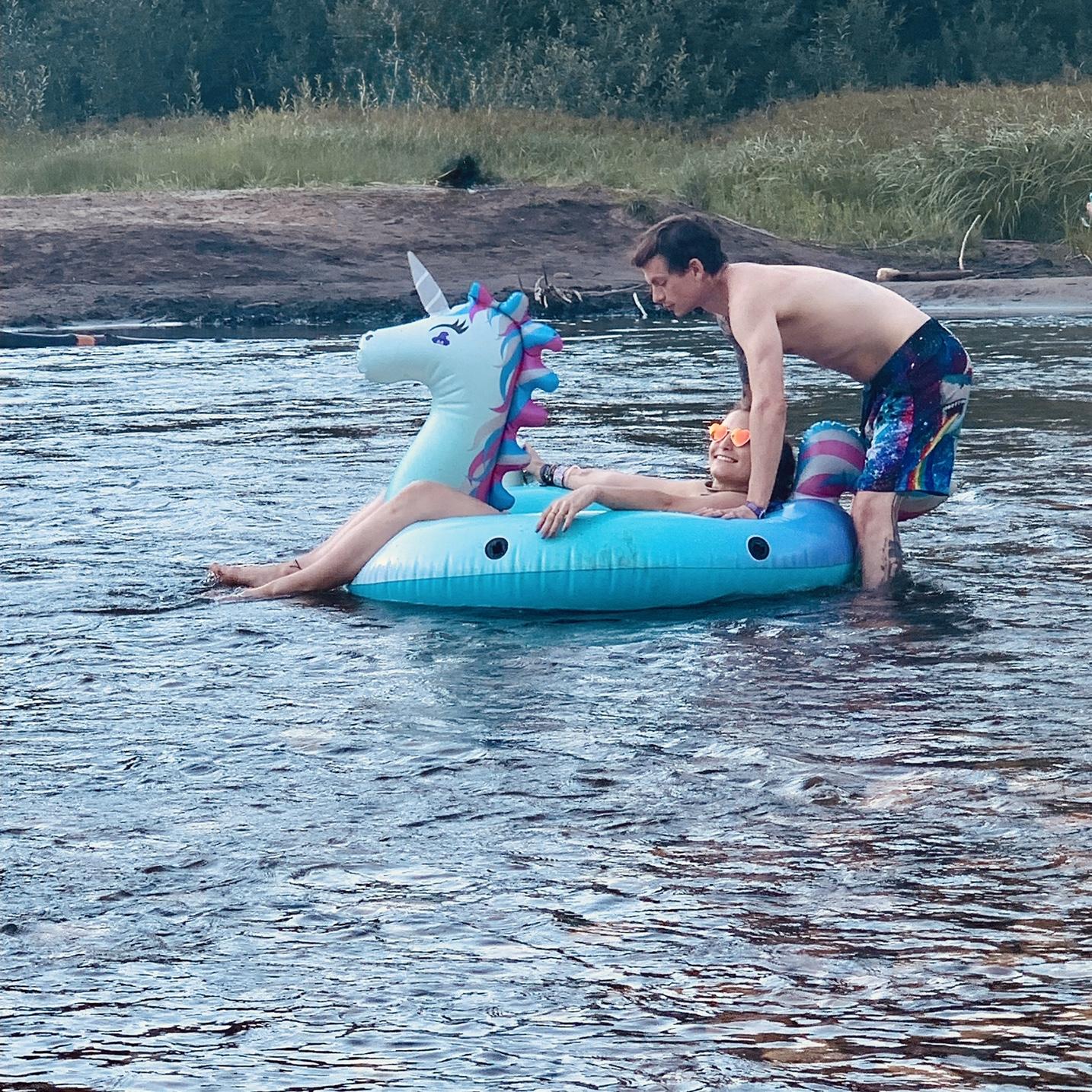 7/23/23 with our new friend Cornelius the Unicorn, in British Columbia, Canada on the Salmo River.