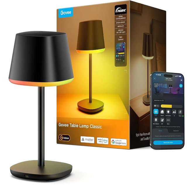 Govee Smart Cordless Table Lamp Classic, RGBIC Rechargeable Table Lamp for Bedroom, Living Room, Portable Desk Lamp Works with Matter, Alexa, LED Bedside Lamp with 72 Scenes Modes, Timer, 500lm