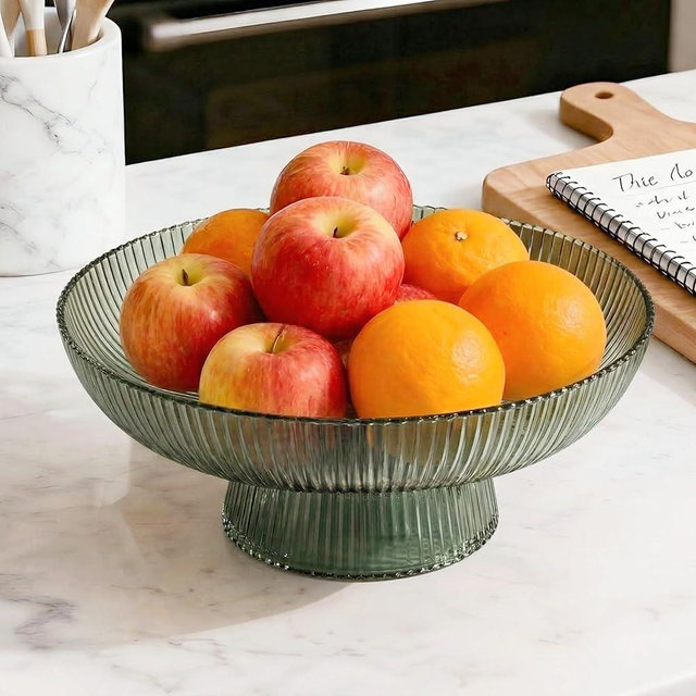 Kultilanda Large Glass Fruit Bowl for Kitchen Counter Decorative Centerpiece Bowl for Table Home Déco, Green Ribbed
