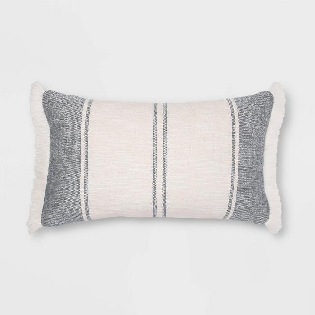 14"x24" Oversize Woven Striped Lumbar Throw Pillow with Fringe Blue/Cream - Threshold™