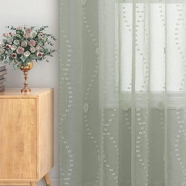 KOUFALL Sage Green Curtains 96 Inches Long for Living Room 2 Panels Grommet Semi Sheer Voile Decorative Light Filtering Curtain Set Drapes for Boho Bedroom Wall Decor 52x96 Inch Length
